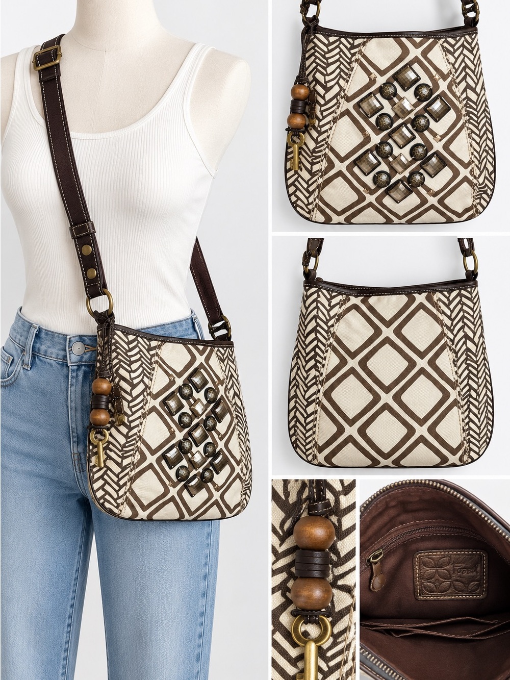 Fossil Y2K Geometric Canvas Crossbody Bag Jeweled Embellished Key Charm Boho